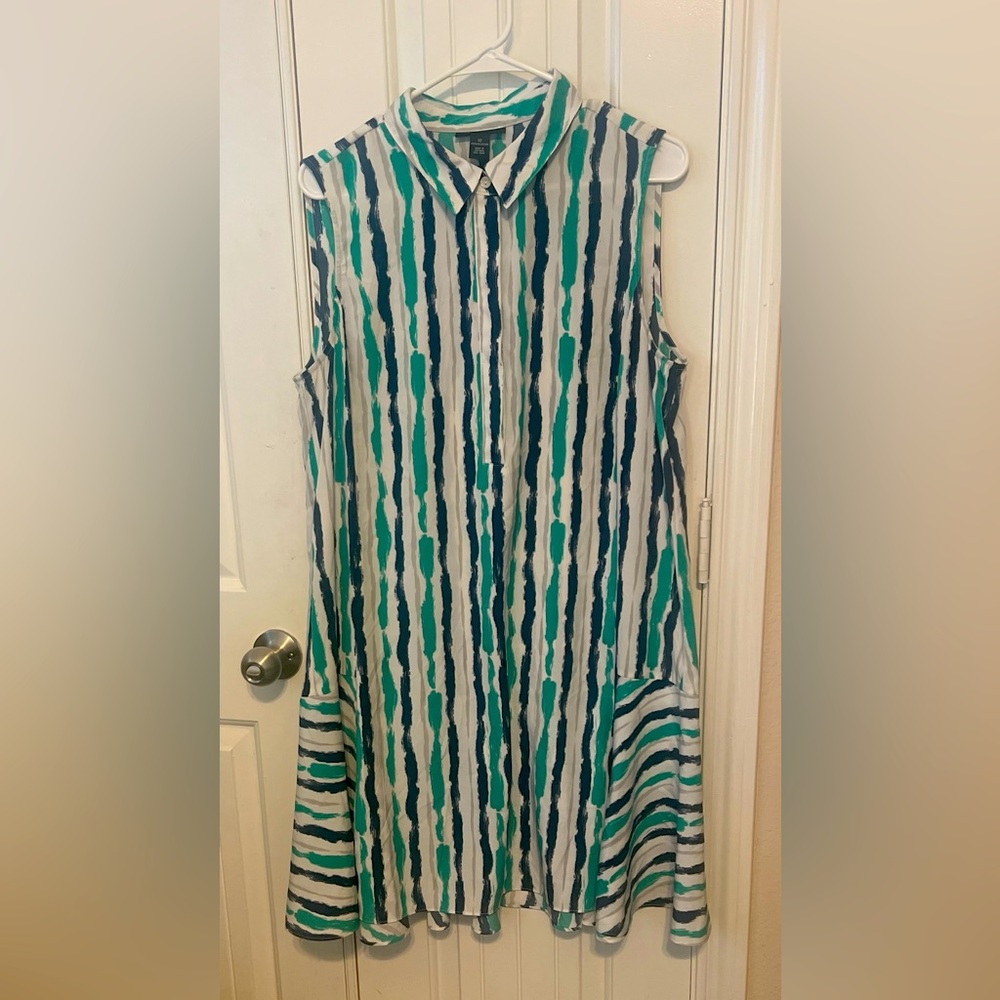 Alfani Shirt Dress Flared Skirt Blue Green White Stripes Sleeveless
Size 12